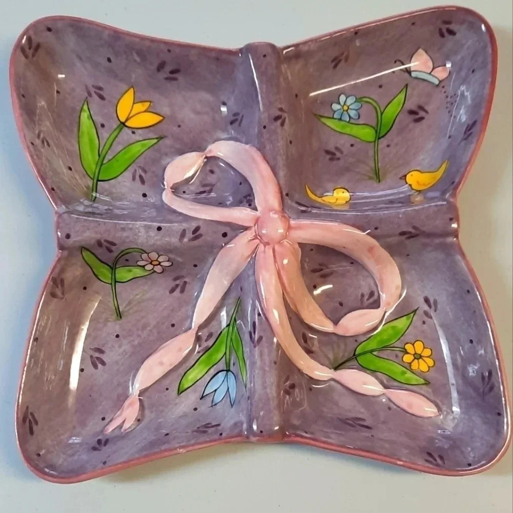 Laurie Gates Spring  Floral Purple Pink Divided Decorative Tray Dish